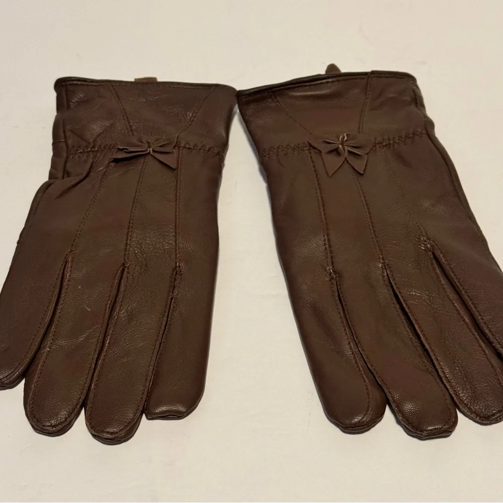 GLOVES Women’s Gloves Brown Faux Leather Bows Fur Lined Soft Driving Fashion EUC